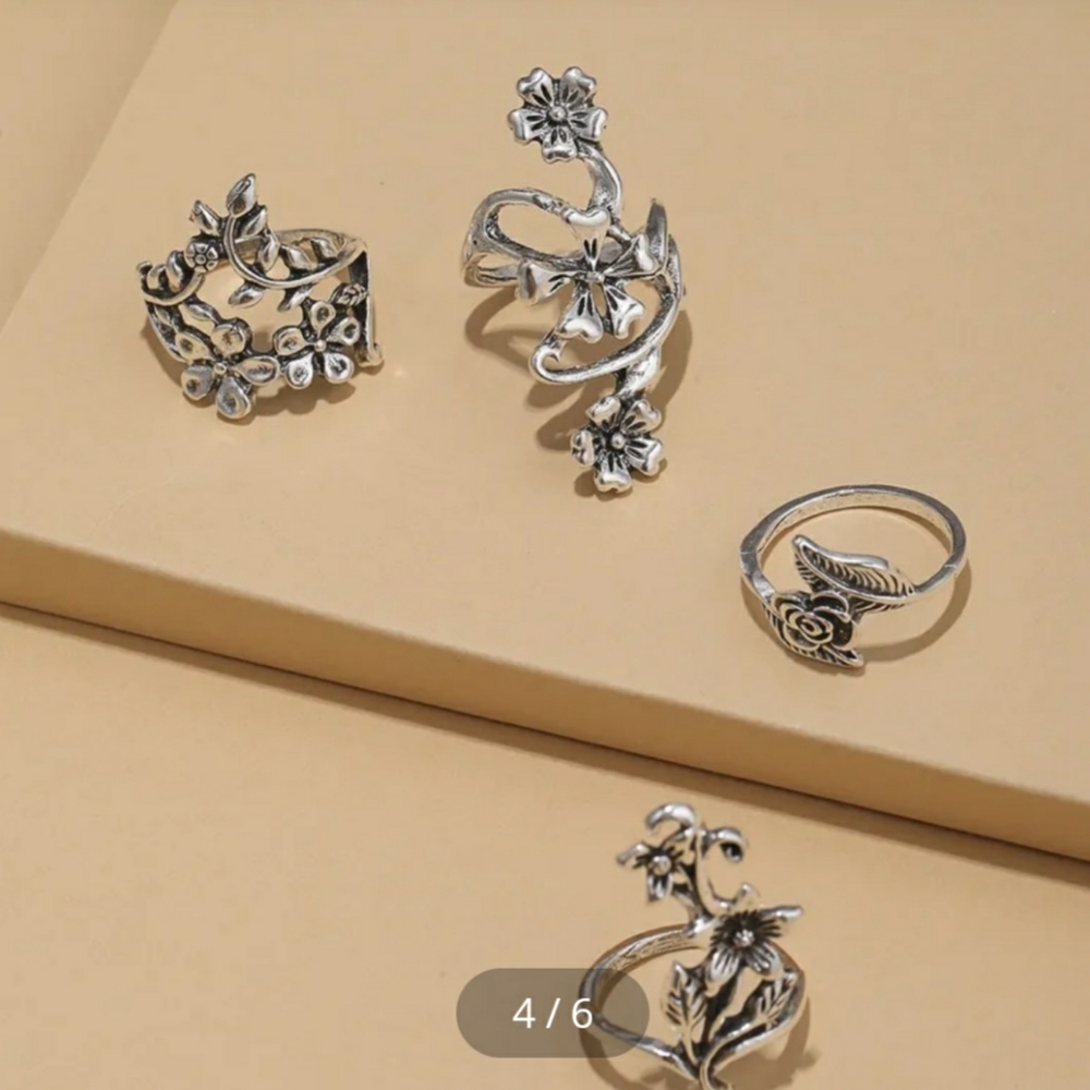 Flower Ring Set Silver Tone 4 Rings - Picture 9 of 11